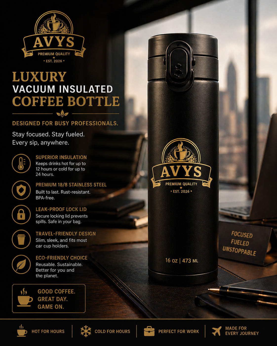 AVYS Luxury Vacuum Insulated Coffee Bottle - 16oz