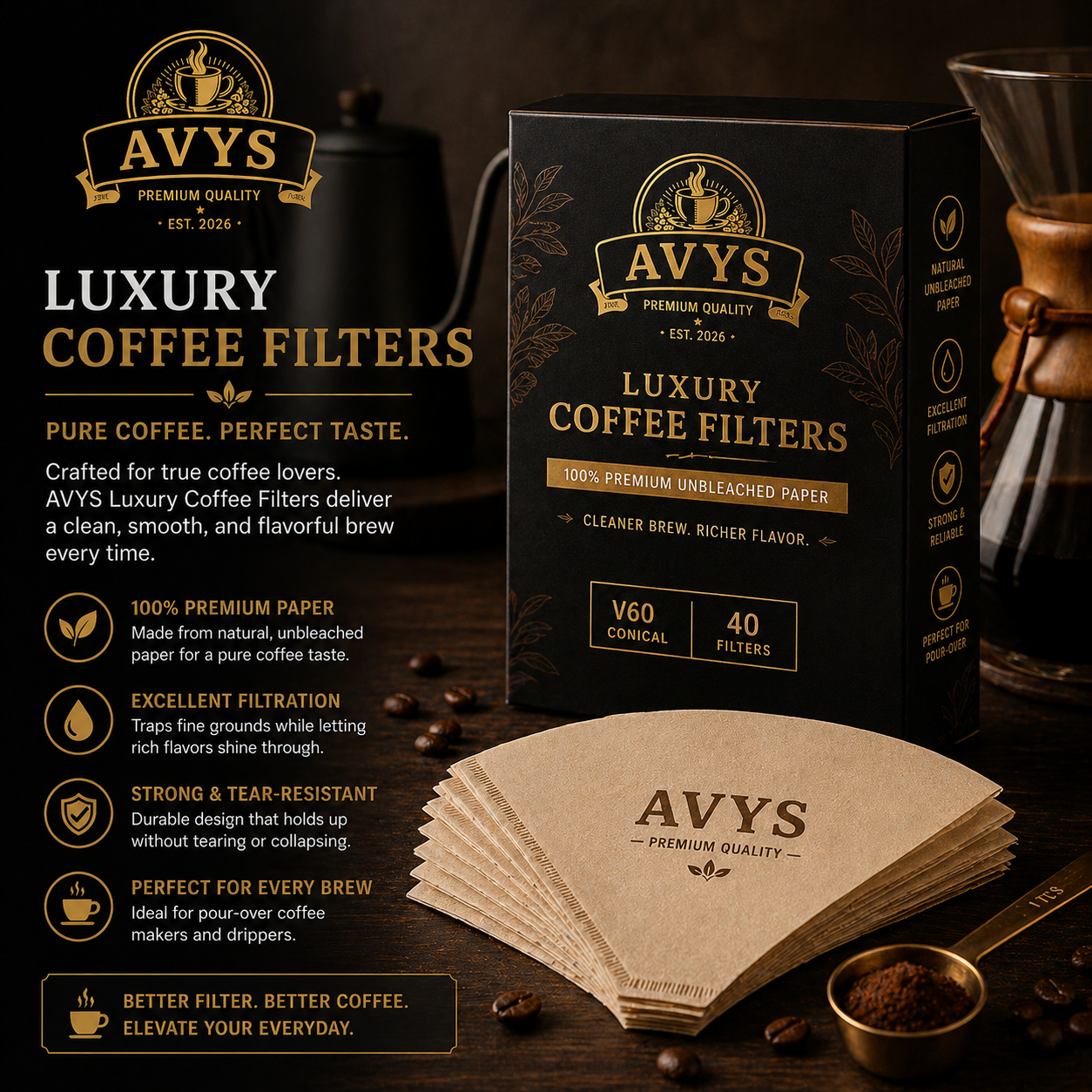 AVYS Luxury Coffee Filters - V60 Conical (40 Filters)